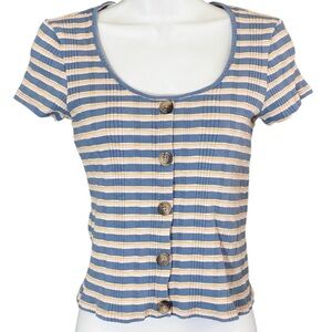 American Eagle Striped Ribbed Tee Scoop Neck S Blue Academia Twee Preppy